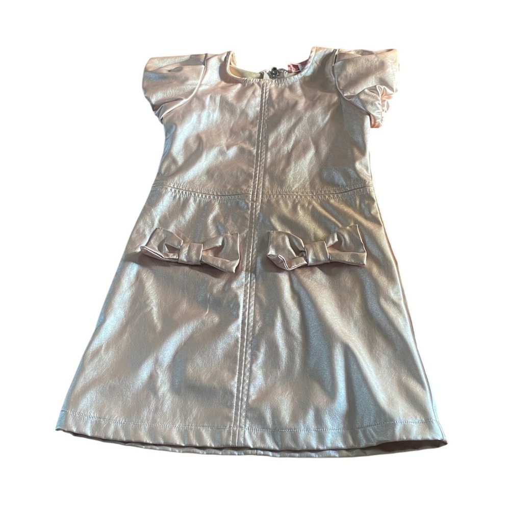 2 Hip Faux Leather Dress Kids Pink Excellent‎ Metallic Bow Puff Sleeve SIZE 4